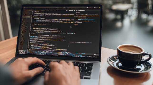 Coding session: Coffee fuels focus while developer types on laptop, creating software in a bright, modern space