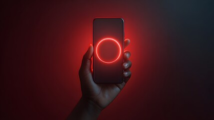 Hand holding a phone with glowing red circle on screen, against a red and black background. Abstract technology and communication concept.