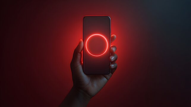 Hand holding a phone with glowing red circle on screen, against a red and black background. Abstract technology and communication concept.