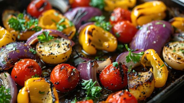A vibrant and nutritious platter featuring roasted vegetables, garlic breadsticks, and a flavorful dip. Perfect for a healthy snack or light meal.