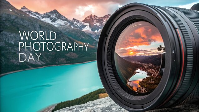World Photography Day, Hyper realistic macro shot of DSLR camera lens with artistic reflections - Powered by Adobe