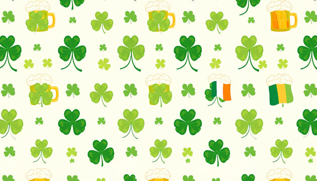Pattern of clovers, green beer mugs, and Irish flags, seamless and colorful, perfect for wrapping paper or fabric - Powered by Adobe