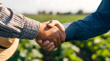 Handshake in the fields symbolizes agreement. Two farmers sealing a deal in a verdant agricultural field.