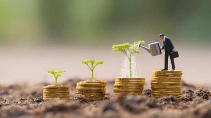 Financial Growth: Miniature businessman waters plants growing from coin stacks, symbolizing investment and prosperity. Careful nurturing pays off.