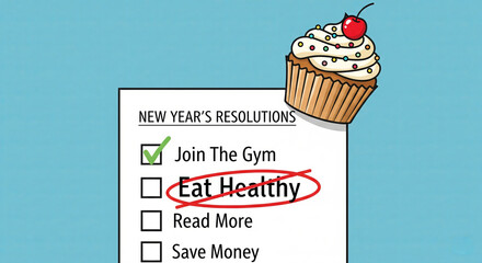 New Year�s Resolutions Checklist with Mixed Progress and a Decorated Cupcake on Wooden Table