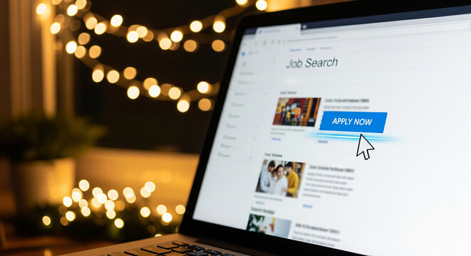 Close-up of laptop screen showing job listings with cursor clicking apply button next to a small plant and warm blurred lights in the background