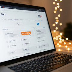 Close-up of laptop screen showing job listings with highlighted apply button and cursor against warm blurred background lights