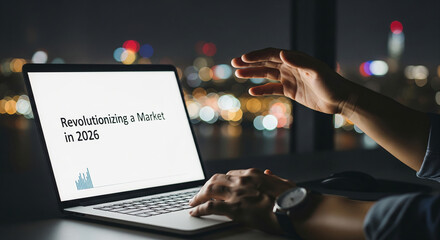 Futuristic business presentation on laptop with dynamic hands and vibrant blurred evening background