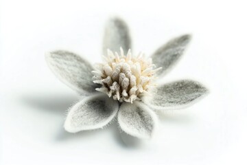 A macro shot reveals the delicate beauty of a Flannel flower against a pristine white background.
