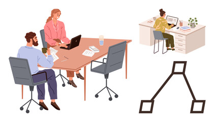 Professionals brainstorming at a table, remote worker typing, organizational structure diagram. Ideal for teamwork, remote work, strategy, project planning, collaboration, corporate culture simple