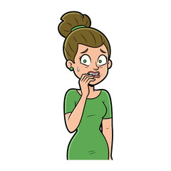 Nervous Woman: A woman, hand near her mouth and showing a worried and anxious expression, portrays the universal feeling of anxiety.