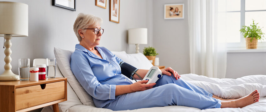 senior woman with blood pressure monitor - Powered by Adobe