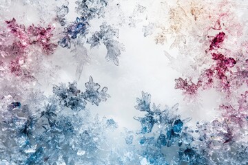 A close-up shows delicate, colorful ice crystals in a frame against a light background.