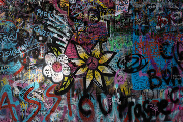 Close up image of a wall covered in graffiti in Prague.