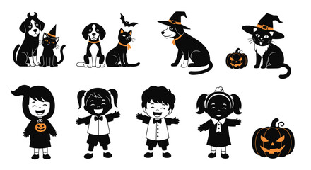 Halloween-themed illustrations featuring dogs, cats, children, and pumpkins. Playful Halloween illustrations in a cartoon style. These are perfect for Halloween season decorations