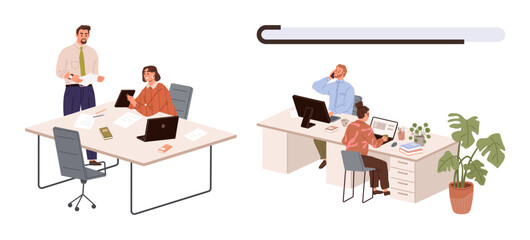 Professionals engaged in office tasks, discussing work, using computers, and handling documents. Ideal for teamwork, workplace communication, productivity, collaboration, management project