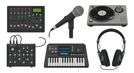 A collection of audio equipment essential for music production and recording, including a mixing console, microphone, turntable, headphones, keyboard and small mixer