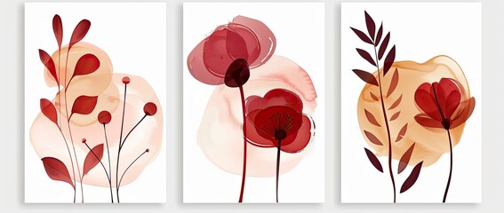 Abstract red floral watercolor triptych wall art