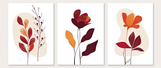 Autumnal floral triptych, minimalist design, white background, home decor