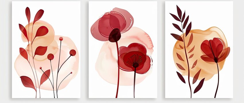 Abstract red floral watercolor triptych wall art
