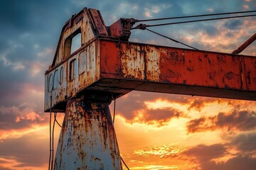 A rusty crane against a vibrant sunset sky, showcasing industrial decay and natural beauty.