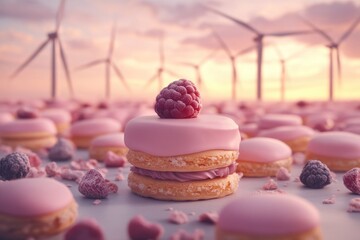 Delicate pink pastries adorned with raspberries stand against a backdrop of windmills in a soft, ethereal setting.