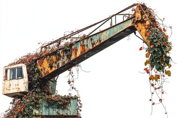 A rusted crane slowly being reclaimed by nature, with vibrant ivy crawling over the machine, creating a beautiful contrast against a plain background.