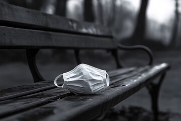 A discarded face mask rests on a park bench in a monochrome, evoking isolation and a post-pandemic landscape.