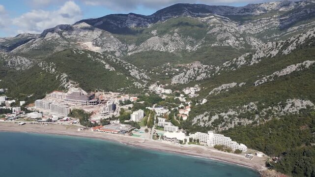 Aerial perspective of Canj, a small tourist town located in southern Montenegro.