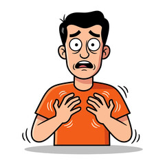 Anxious Expression: A person exhibits signs of emotional distress with widened eyes and trembling hands, capturing a moment of unease. 