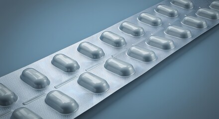 Close up of a blister pack of capsules on a blue background showing medicine and pharmaceutical products