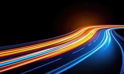 Dynamic abstract of a curving road with blurred light trails in orange and blue against a black backdrop, suggesting speed and movement. The road has lane markings and hints of distant illumination