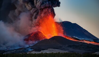 a volcano erupts spewing fiery lava down its slopes and releasing a massive plume of dark smoke into the sky