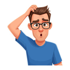 Confused Thought: A person wearing glasses stands in a perplexed posture, holding their head as their face reflects a puzzled expression, embodying contemplation.
