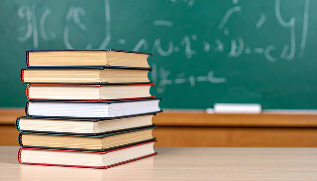 Stack of books on desk in front of school board with formulas