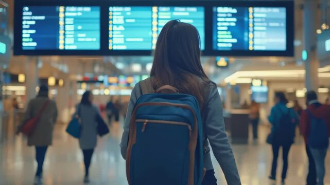 Traveler navigating airport terminal while checking flight information on display boards during busy travel season