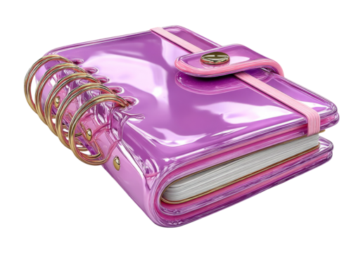 Bright Purple Notebook with Pink Spiral Binding on Transparent Background