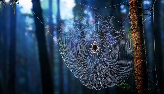 spider resting on dew covered cobweb in a mysterious forest at night