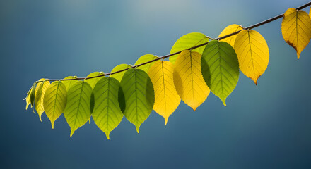 Sunlit canopy showcasing the gradient hues of autumn leaves against an expansive cerulean canvas portraying nature's artistry and ephemeral beauty in the transition from verdant vitality to golden