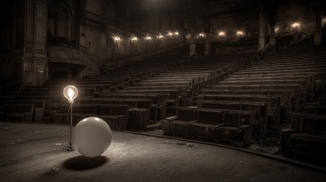 Dimly lit vintage theater auditorium with ornate details and a glowing light bulb suspended by a balloon creating an eerie nostalgic atmosphere