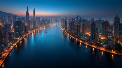 Fototapeta premium aerial view of modern city skyline at night