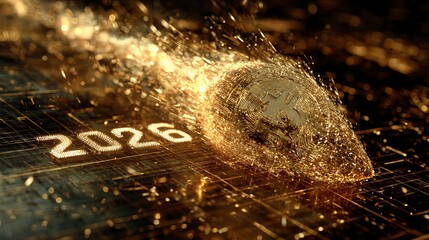 Futuristic glowing Bitcoin coin speeding with particle trail against a high-tech 2026 background