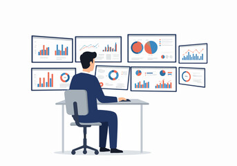 Professional Analyzing Business Data on Multi-Monitor Setup, Illustrating Business Intelligence and Strategic Decision-Making with Charts and Graphs.