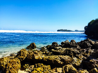 A tranquil beach with crystal clear water and a vibrant coral reef. Tranquil beach scene with clear turquoise water, light sandy shore, and dark coral rocks. Bright sunny day. 