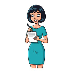 Focused and Intent: An elegant woman diligently scribbles notes onto her pad, capturing the essence of professionalism and thoughtfulness in a clean, visually appealing cartoon
