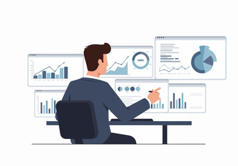 Man analyzing business data and financial graphs on multiple screens, showing concepts of market research, investment, and data analytics.
