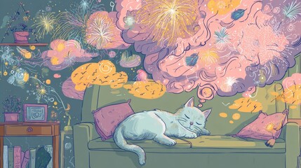 Dreamy white cat asleep on green couch surrounded by colorful whimsical fireworks and cozy room elements