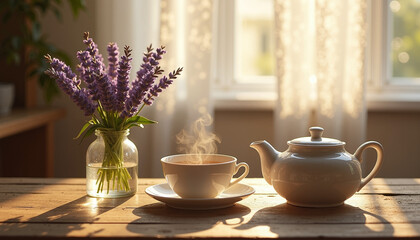 Cozy Still Life with Ceramic Teapot, Steaming Herbal Tea, and Lavender in Morning Sunlight for a Warm and Serene Atmosphere