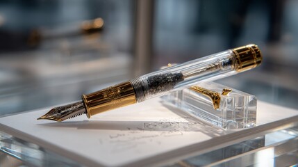 Naklejka premium Elegant transparent fountain pen with gold accents on acrylic stand over blurred handwritten paper background