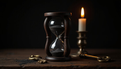 Dark and Mysterious Still Life with Hourglass, Candle, and Brass Key